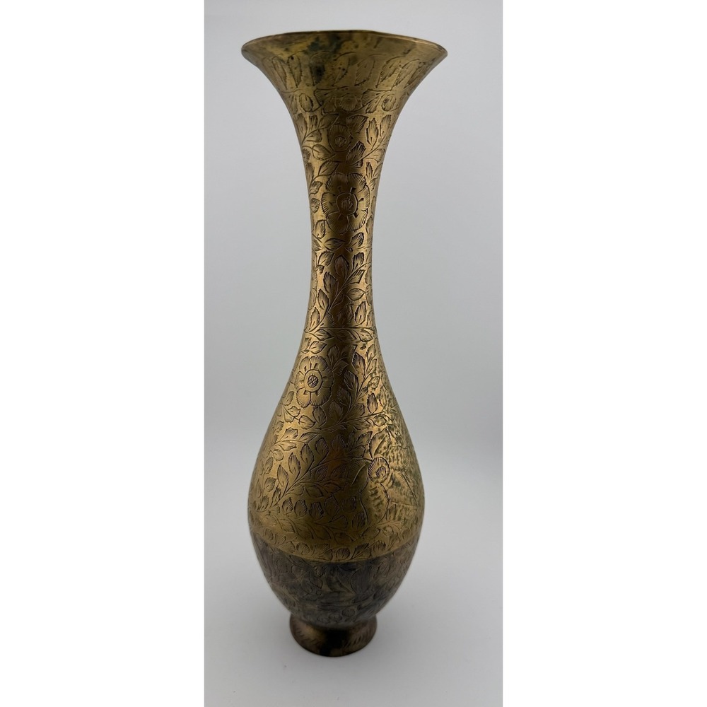 Vintage‎ Brass Vase Floral Etched Tall Slim Neck Home Decor Accent